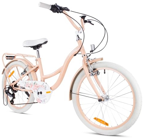 sun baby Flower Bike Kinderfahrrad 20 Zoll Mädchen, Fahrrad für Kinder ab 6 Jahre, 6-Gang Shimano, V-Brake, Gepäckträger, Reflektoren (Aprikose, 20 Zoll)
