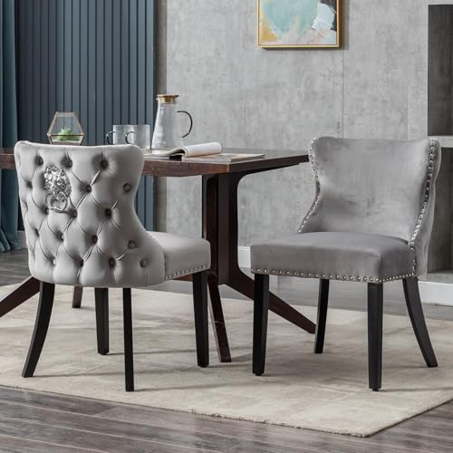 Ya-Home Velvet Dining Chairs Set of 2 Kitchen Side Chairs with Solid Wood Legs for Dining Room/Living Room/Kitchen, Grey