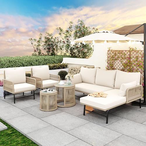 xixiworkshop Gartenmöbel Set Garten Lounge aus Polyester-Seil, Wetterfest Outdoor Sofa Set inkl. Stühlen/Teetischen/Kissen, Sitzgruppe für 5-6 Personen für Garten Terrasse