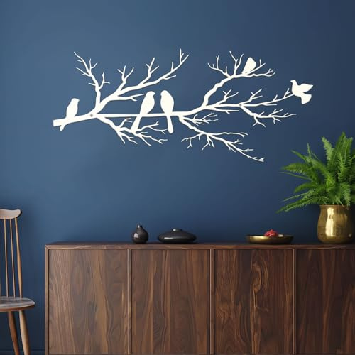 ESTART Wanddekoration mit Vögeln aus Metall, lebendige Vögel auf AST, Silhouette, Wanddekoration, für den Außenbereich, Wandskulptur zum Aufhängen, für Zuhause, Balkon (Weiß, Klein)
