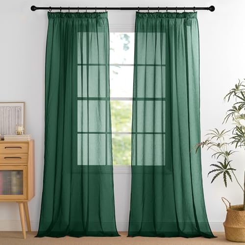PONY DANCE Stores Gardinen mit Kräuselband Vorhang Transparent Wohnzimmer | Dunkelgrün,H245 x B140 cm,2er Set,Schienensystem Vorhang Durchsichtig Schlafzimmer,Sheer Curtains Living Room,Luftig