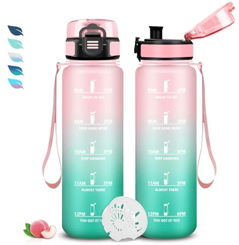 Borraccia 1 litro, Borraccia Palestra, Borracce Senza Perdite, Borracce Motivazionale, con Filtro, Bottiglia Graduata, Facile da Trasportare, Bottiglia Acqua per Campeggio, Fitness, Scuola, Ufficio