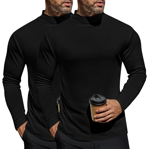 Ekouaer 2Pack Men's Thermal Top Long Sleeve Turtleneck Shirts Basic Undershirt Baselayer for Winter Black+Black M