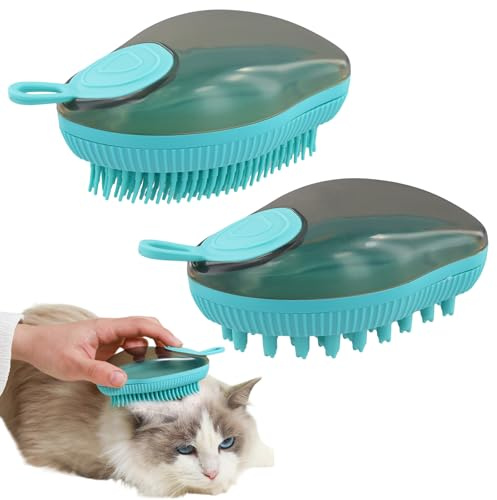 2 Stk Pet Reinigung Massage Bürste, Badebürste aus Silikon, Haustier Badebürste Gummistriegel für Hunde, Katzen Kurzhaar & Langhaar, mit Seifenspender, für Beruhigende Massage Waschen (Blau)