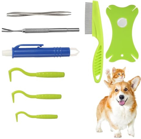 Yzzyemn Tick Removal Tool Kit 8 in 1 for Dogs Cats with Storage Box,Safe & Easy, Effective,Stainless Steel Metal Grooming Flea Comb and Tick Tweezers,with Magnifying Glass for Humans and Pets