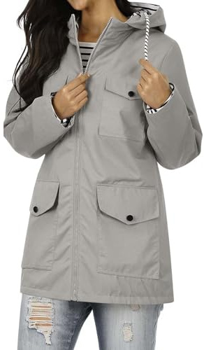 Waterproof Jacket 3-In-1 Lightweight Windbreaker Breathable Raincoat Ladies Hoody Softshell Rain Coats Drawstring Zip Up Trench Coat with Pockets for Outdoor Hiking