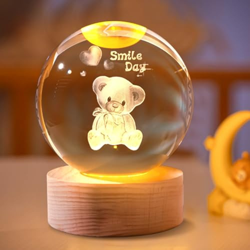 Ferakum 3D Kristallkugel Nachtlicht, 60 mm LED Nachtlicht Kristallkugel Lampe mit Holz Sockel, 3D Crystal Balll Tischdekoration Basteln, Geschenke Für Frauen,Valentinstag, Liebesherz (Kleiner Bär)