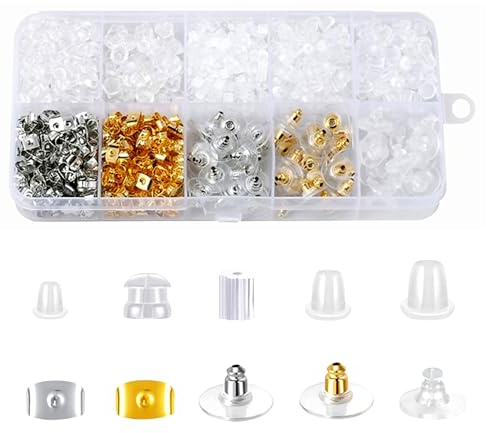 1100 Piezas Tuercas Pendientes Silicona 10 Estilos,Cómodos de Usar,Sin Estimulación,con Caja de Almacenamiento,Adecuados para Aretes,Anzuelos,Fabricación de Joyas de Bricolaje