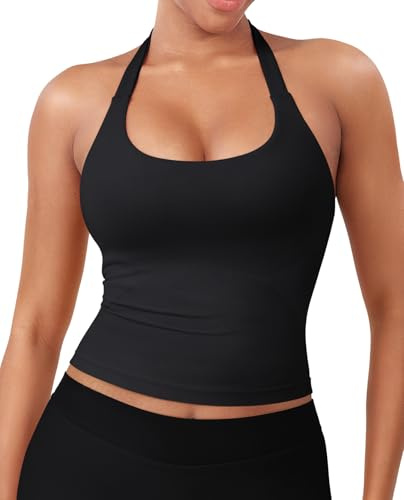 YEOREO SoftHue Women's Impact Halter Tank Top Longline Backless Scoop Neck Built-in Bra Sports Workout Gym Crop Top Black M