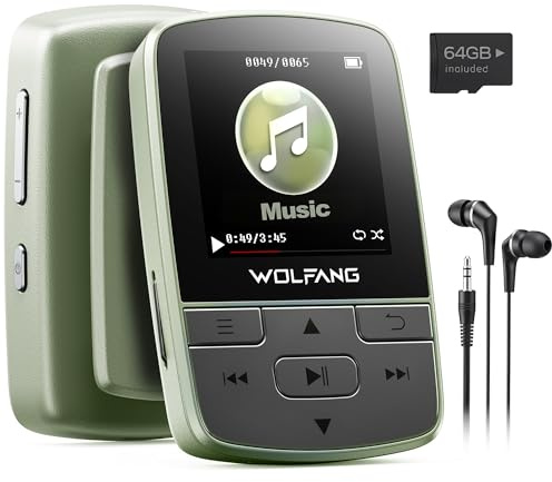 WOLFANG 64 GB MP3-Player mit Bluetooth 5.3, Sportclip, Mini-Größe, Gewicht 28,3 g, HiF-FM-Radio, Diktiergerät, Kopfhörer im Lieferumfang enthalten, Armeegrün