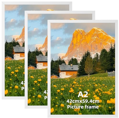 HORLIMER 3er Set Bilderrahmen A2 Weiß | Hochwertiger Aluminium Rahmen in Matt-Optik | Für 42x59,4 cm Fotos, Poster & Kunstdrucke | Nur für Wandmontage | Dekoration für Wohnzimmer, Büro & Galerie