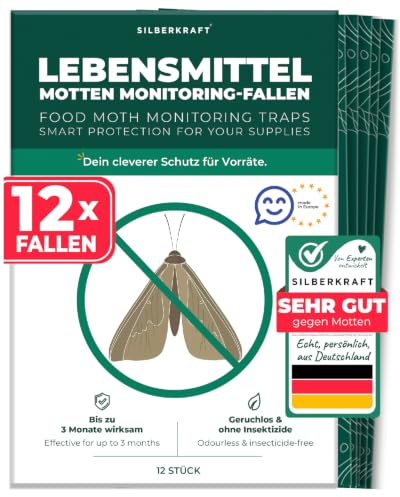 Silberkraft Lebensmittelmotten-Falle mit Hochleistungs-Leim [12 Stück] | Mottenfalle gegen Lebensmittel-Motten mit Lockwirkung - Pheromonfalle für Küche & Vorratsschrank