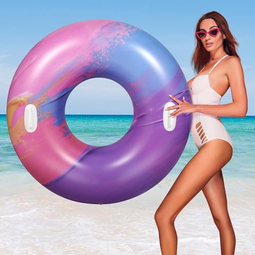 HeySplash Pool simring vuxna, 1 st stora simdäck med handtag, uppblåsbar vattenleksak, Hawaii rolig simleksak, float pool strand sjö party dekoration, lila-rosa solnedgång