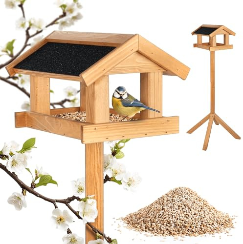 PATKAR Vogelhaus Futterhaus für Vögel mit Ständer aus Kieferholz - Vogelfutterstation Vogelfutterhaus für Singvögel Wildvögel Vogel Futterstation + 500g Futter Gratis