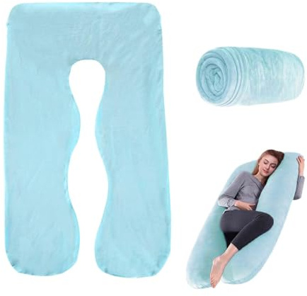 LNGJIN U-förmiger Kissenbezug Für Schwangerschaftskissen, 140×80 cm Umstandskissen Ersatzbezug, Maschinenwaschbar, U-förmiger Kissenbezug, Ganzkörper-Umstandskissen-Ersatzbezug (blau)