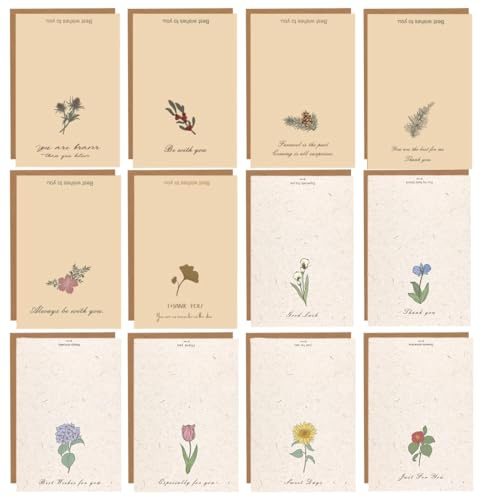 VEOIRXU 12 Pezzi Biglietti con Busta e Adesivi Biglietto di Auguri Semplice ed Elegante con Piante e Fiori Adatti Natale Capodanno Pasqua e San Valentino per Famiglia Amici e Colleghi (12 Motivi)