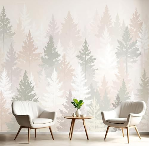 3D Papier Peint Forêt Brumeuse Minimaliste Beige Papier Peint Panoramique Pour Salon Chambre Salon Mural Fresque Poster Xxl Plantes Nordiques À L'Aquarelle Fond Décoration Murale 250X175Cm (L X H)