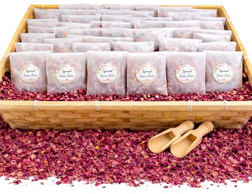 Biodegradable Wedding Confetti – Dried Rose Flower Petal with Bags – 100 Guests Glassine Bags Filled with Natural Petal Crush – Eco Friendly Wedding Toss Confetti Kit with Stickers in Bamboo Basket
