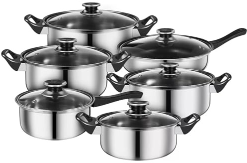 Stainless Steel Cookware Set, 12-Piece Pots and Pans Set with Glass Lids, Non-Stick Cooking Set with Heat Resistant Handles, for All Stoves