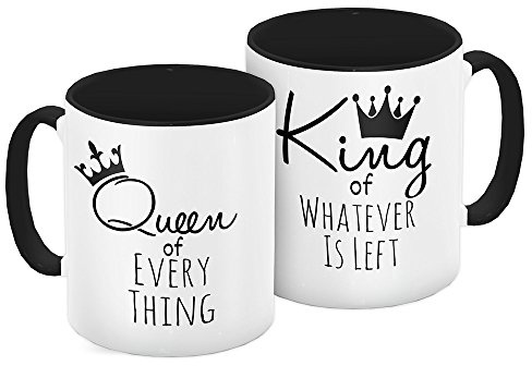 2er Tassen-Set mit Motiv und Text – Queen of evertything King of whatever is left – für Verliebte zum Valentinstag | Liebes-Tasse | Valentinsgeschenk