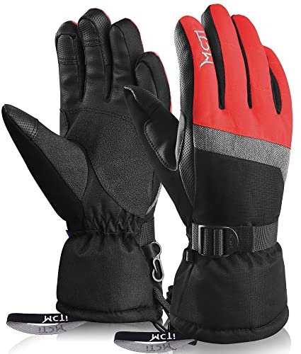 Kineed Skihandschuhe Damen Touchscreen Winterhandschuhe Wasserdicht Snowboardhandschuhe Winter Warm Schnee Handschuhe Winddicht 3M Thinsulate Rot L