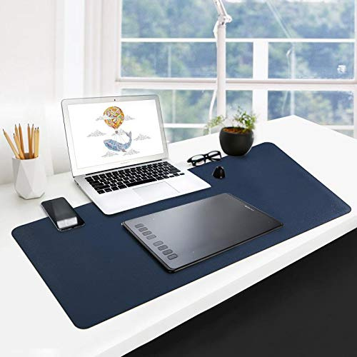 GUBEE PU-läder multifunktionell kontorsskrivbordsdyna, vattentät halkfri anti-smutsig musmatta matta för kontor, hem och resor, stor storlek 900 x 400 x 2 mm (mörkblå + gul)