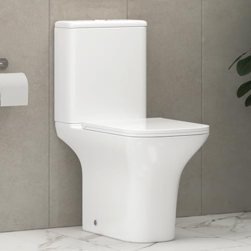 Cube Gloss White Close Coupled Rimless Toilet Square Pan with Quick Release Dual Flush Cistern Slim Soft Close Seat Bathroom WC - Gloss White