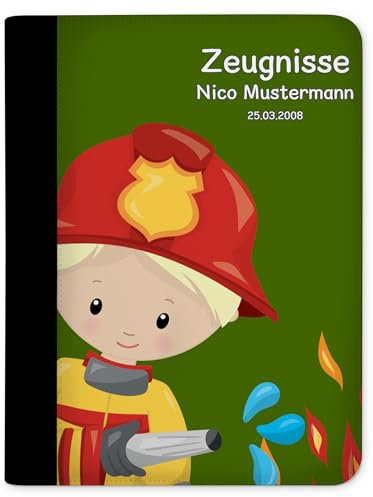 CreaDesign, Kinder Zeugnismappe mit Namen personalisiert, Zeugnis Mappe Feuerwehr Junge Grün mit 10 Klarsichthüllen, A4, 26,7 x 32,7 x 1 cm, Rücken schwarz