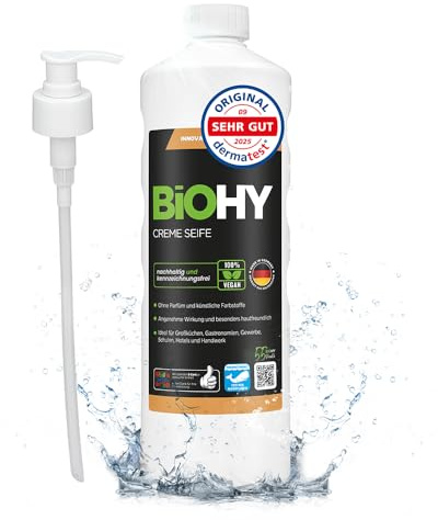 BiOHY Krämtvål (1l flaska) | Hudvänlig, fuktgivande och luktfri påfyllning av handtvål från det växtbaserade sortimentet FOSFATFRI | Utan parfym och färgämnen (Creme Seife)
