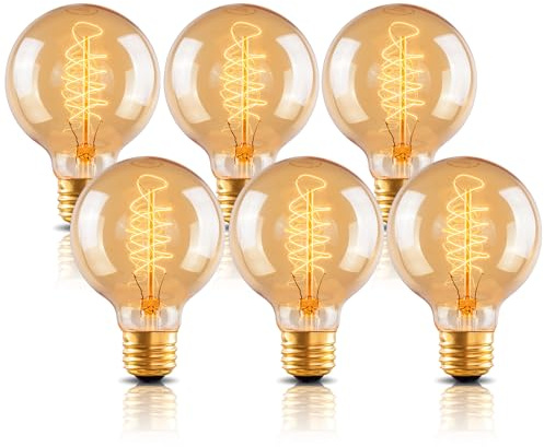 New Lights G25 Globe Edison Light Bulb, 60W Vintage Round Edison Bulb, Vintage Light Bulb, Old Fashion Dimmable Retro Incandescent Light Bulbs, 2100K Warm White,E26, Amber Glass, 6 Pack