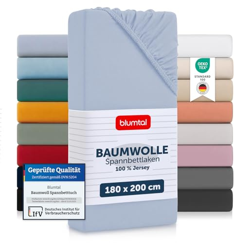 Blumtal® Basics Spannbettlaken 180x200x30cm Jersey im 2er Set - Bettlaken aus 100% Baumwolle - Oeko-TEX zertifiziertes Spannbetttuch 180x200x30cm - Hellblau