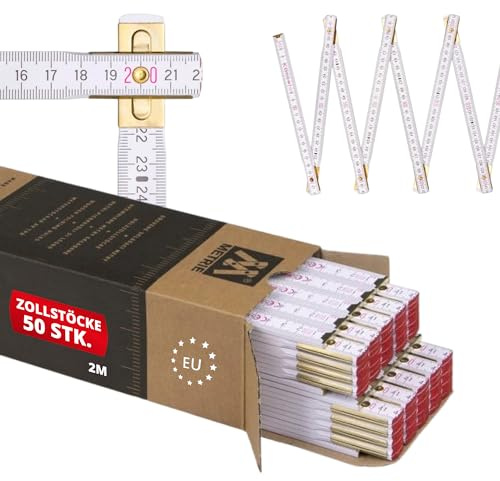 Metrie™ PERFEKT 10 Zollstock/Zollstöcke - Gliedermaßstab | Maßstab - 2m - Weiß - Duplex Teilung, Hergestellt in der EU - 50 stück