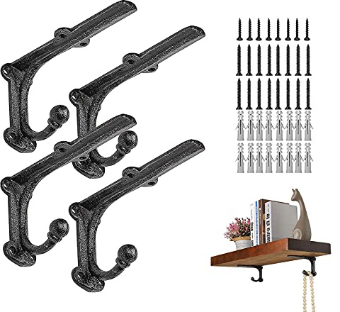 ChasBete Regalhalter Gusseisen mit Haken, 15x8,5 cm, 4 Stück | Regalträger, dekorativ, rustikal, Regalhalterung gusseisen, schwerlast, für selbstgebaute Regale zu Hause