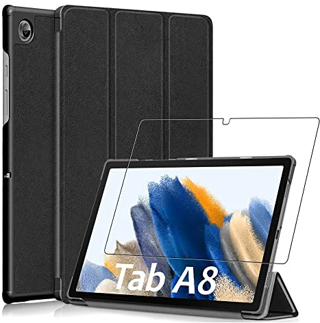 ebestStar - Cover per Samsung Galaxy Tab A8 10.5 (2021) SM-X200 X205, Custodia Protezione Flip Magnetica, Slim Case Sottile Pelle PU, Nero + Vetro Temperato