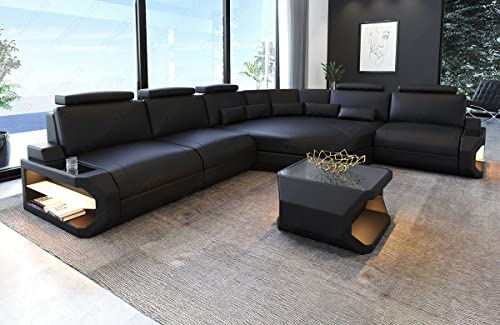 Ledersofa Asti als L Form Sofa in Leder mit Kopfstützen und LED Beleuchtung (Ecke rechts, Black)