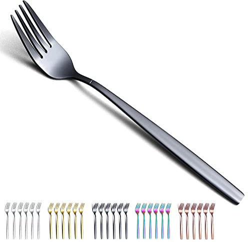 Black Dinner Forks 6 Pieces, Kyraton Titanium Gold Plated Stainless Steel 19.5cm Table Forks Cutlery Forks Set, Silverware Set, Dishwasher safe.