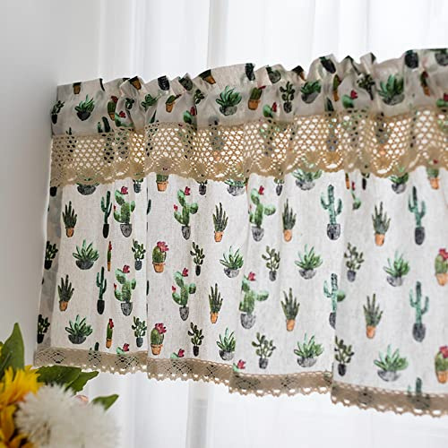 A.Monamour Tenda Corta Per Finestra Piccola in Cotone Botanico Cactus Con Mantovana in Pizzo Uncinetto Semi Oscurante Per Cucina Bistrot Caffè Porta Finestra a Vetro