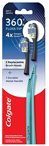 Colgate 360 Floss Tip Replaceable Head Toothbrush Starter Kit, 2 Brush Heads and Metal Handle