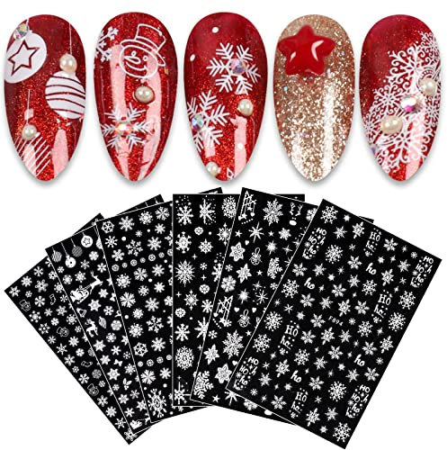 JMEOWIO Nagelsticker Weihnachten 8 Blatt Nagelaufkleber Selbstklebend Weiße Schneeflocken Winter Nail Art Sticker Dekoration Nageldesign Zubehör