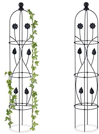 Relaxdays Supporti ad Obelisco per Rampicanti, Set da 2, HxD: 103 x 20 cm, Graticolati per Piante e Rose, Ferro, Nero
