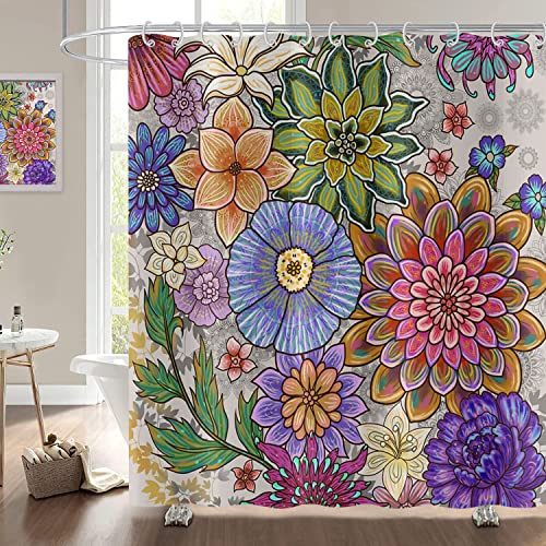 Hnmdmyi Duschvorhang Boho Blumen 180x200, Böhmische Blumen Bunte Duschvorhänge Vintage Blossom Ästhetische Kunst Badewanne Vorhang Wasserdicht Stoff Waschbar Badevorhang für Badezimmer mit Haken