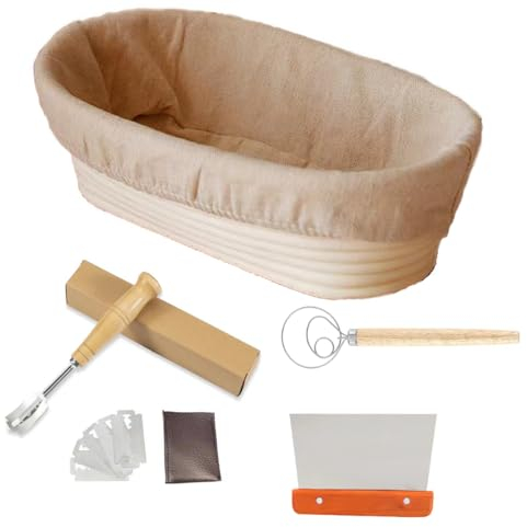 JETAINE Banneton Sourdough Bread Proofing Basket Starter Set, 25CM Oval Bread Basket with Danish Dough Whisk, Bread Scoring Lame, Stainless Steel Dough Scraper kit for Sourdough Baking Making Gift