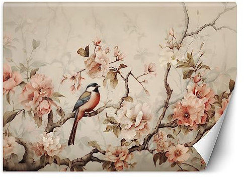 Feeby Fototapete Vögel Blumen Vintage 300x210 cm Rosa XXL Vlies Wandtapete Tapeten Wohnzimmer Schlafzimmer Jugendzimmer Moderne Design Wandbild Wand Dekoration Shabby Chic Rustikal
