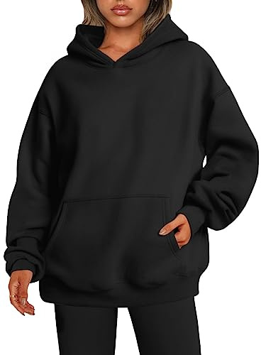 ABYOVRT Sweat A Capuche Femme Casual Garder Au Chaud Mantea Oversized Sweatshirts Manches Longues Pas Cher Simple Polaire Classic Hoodies Pullover avec Poches Automne Hiver Grande Taille,Noir,L