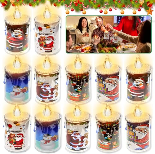 MEISHANG 12 Pezzi Candele Natalizie Decorative,Candele per Albero di Natale con Motivi Natalizi,Candela Elettriche Ideale per Occasioni Festive,Scrivanie e Oggetti Decorativi