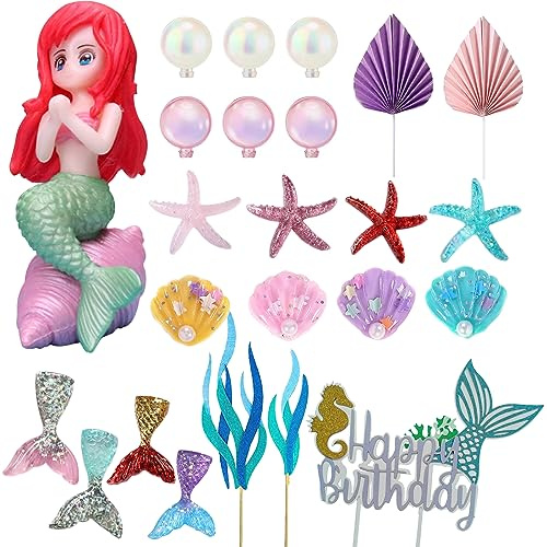 24 Stück Meerjungfrau Kuchen Deko, Meerjungfrau Geburtstag deko Torte, Partydekorationen, Unterwasserwelt, Muscheln, Perlen, Seestern, Algen, Kindergeburtstagsdekoration