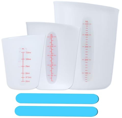 3 misurini in silicone + 2 bastoncini di miscelazione in silicone, 125/250/500 ml, per stampi in resina epossidica, fai da te, laboratorio, cucina
