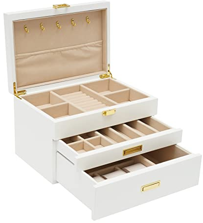 OUKANING Joyero grande de 3 capas, con cajón extraíble, almohadillas antideslizantes, cajas rectangulares, hardware premium, para diferentes joyas, regalo (blanco)