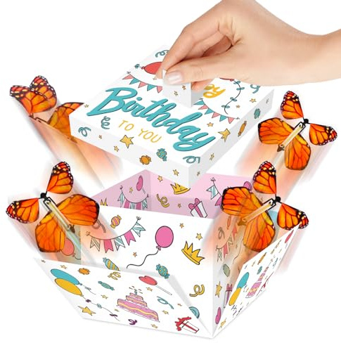 FETTIPOP Schmetterlings Explosion Geschenkbox DIY Happy Birthday (weiße), 18,5x14x11 cm, Überraschung Geburtstagsbox Geld Geschenkverpackung