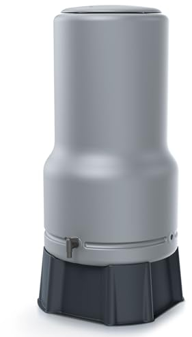 Regentonne rund Regenwassertank Basic Komplett-Set mit 200 Liter Volumen in der Farbe grau ist aus UV- und witterungsbeständigem Material mit kindersichersicherem Deckel